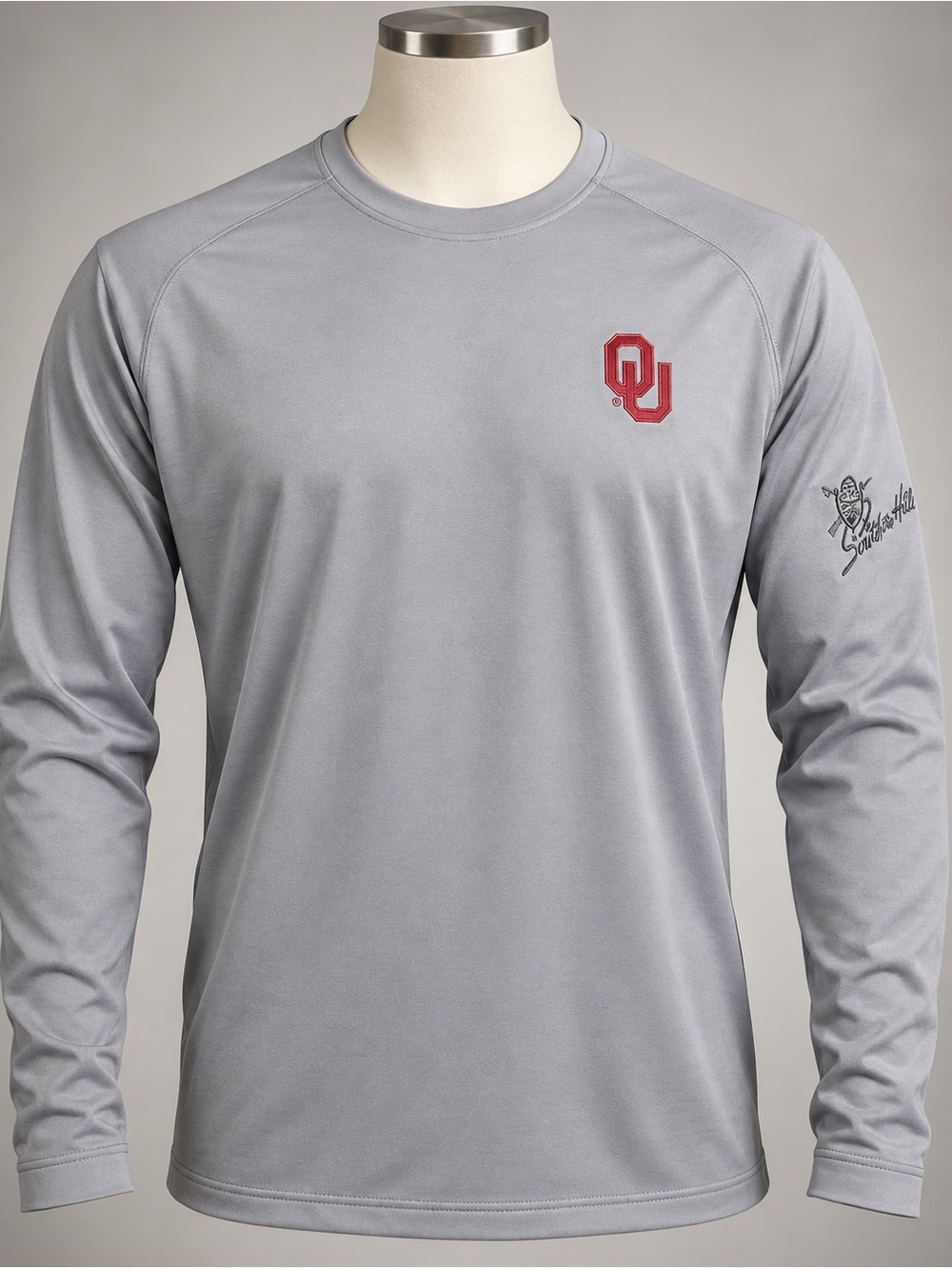Peter Millar Gray Long-Sleeve Performance Shirt with Red OU Logo